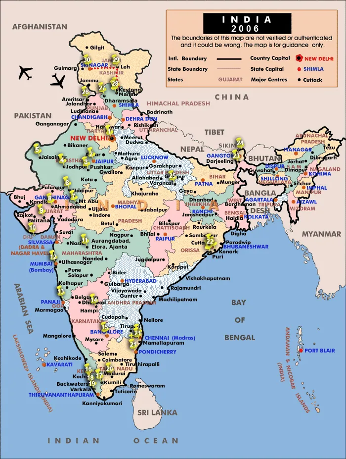 Mapa trasy cesty po Indii v roku 2006
